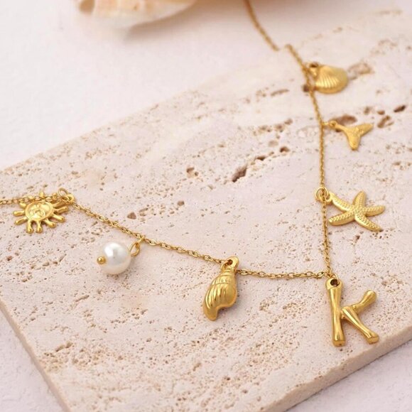Initial Charm Necklace for Women, 18k Gold Plated Sea Shell Necklace, Dainty A-Z - Picture 5 of 7
